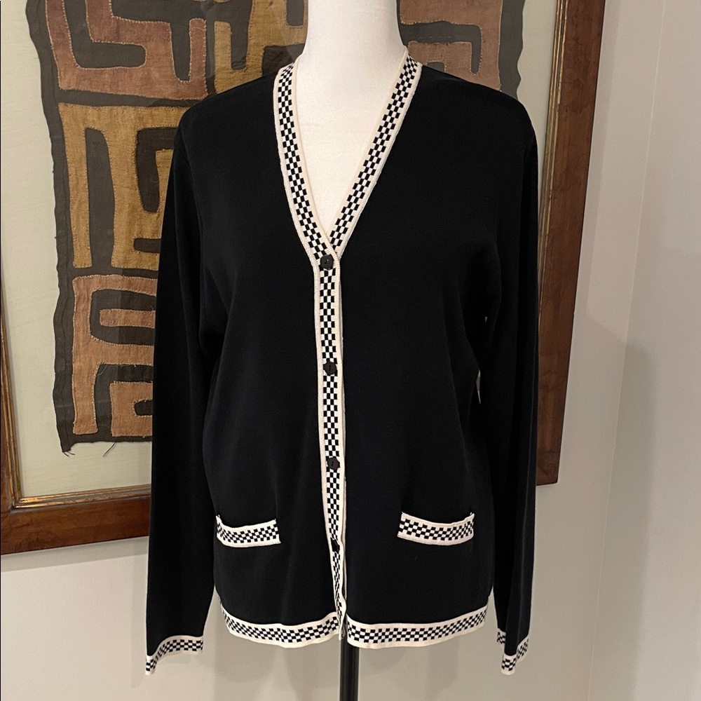 Talbots Black and White Cardigan with Checkered Trim